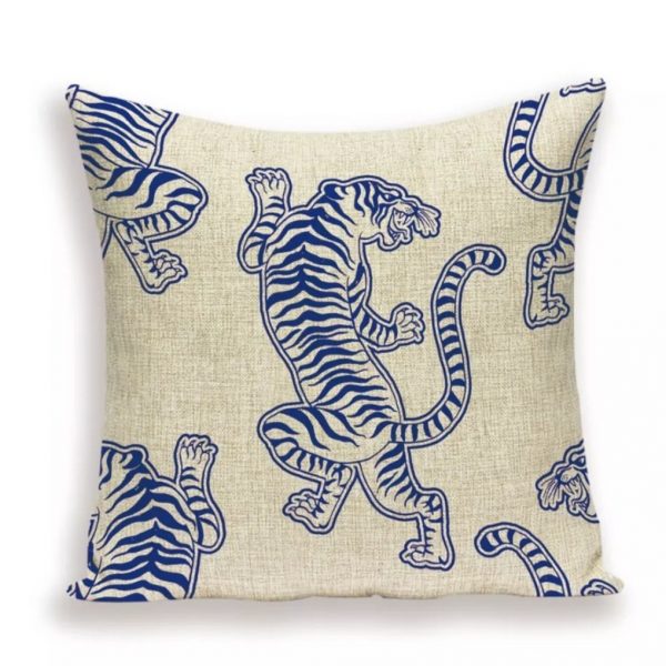 Imagen de cojín con tigres azules estilo japonés con fondo gris
