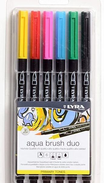 Imagen de 6 rotuladores Lyra Aqua Brush acuarelable doble punta y pincel en tonos primarios