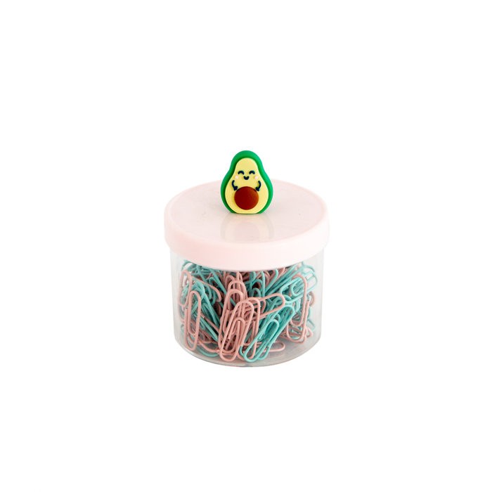 Imagen de cajita de clips de colores con una figurita de aguacate en la tapa