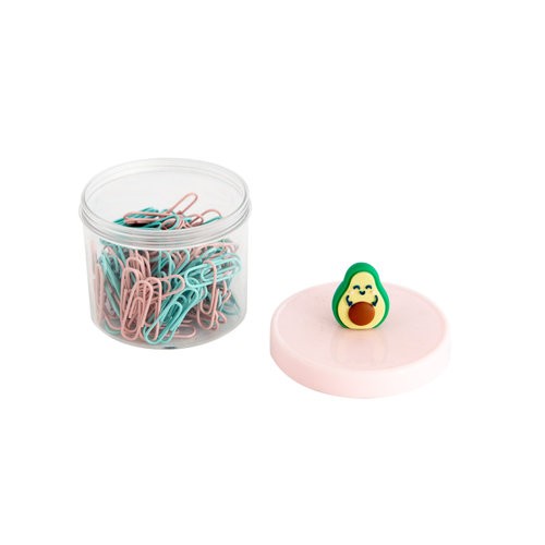 Imagen de cajita de clips de colores con una figurita de aguacate en la tapa
