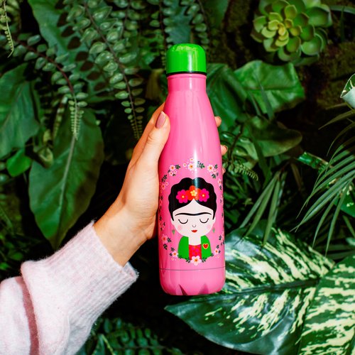 Imagen de botella de acero inoxidable frida kahlo rosa