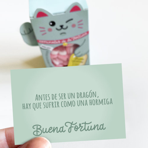 Imagen de cajita de gominolas con forma de gato de la fortuna y mensaje sorpresa