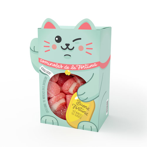 Imagen de cajita de gominolas con forma de gato de la fortuna y mensaje sorpresa