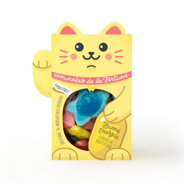 Imagen de cajita de gominolas con forma de gato de la buena energía y mensaje sorpresa