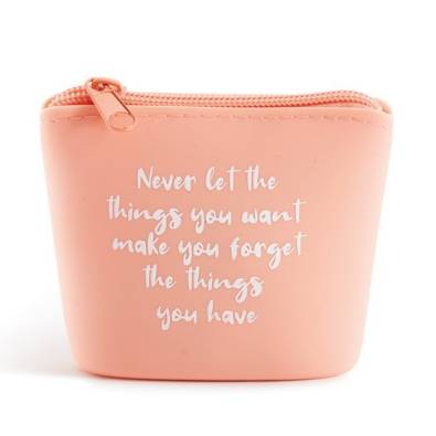 Imagen de monedero de silicona rosa con frase motivacional