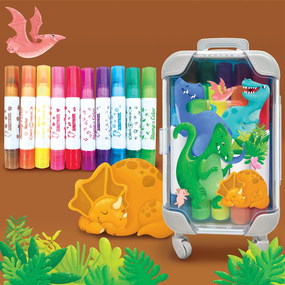 Imagen de mini maleta con rotuladores y sellos de dinosaurios