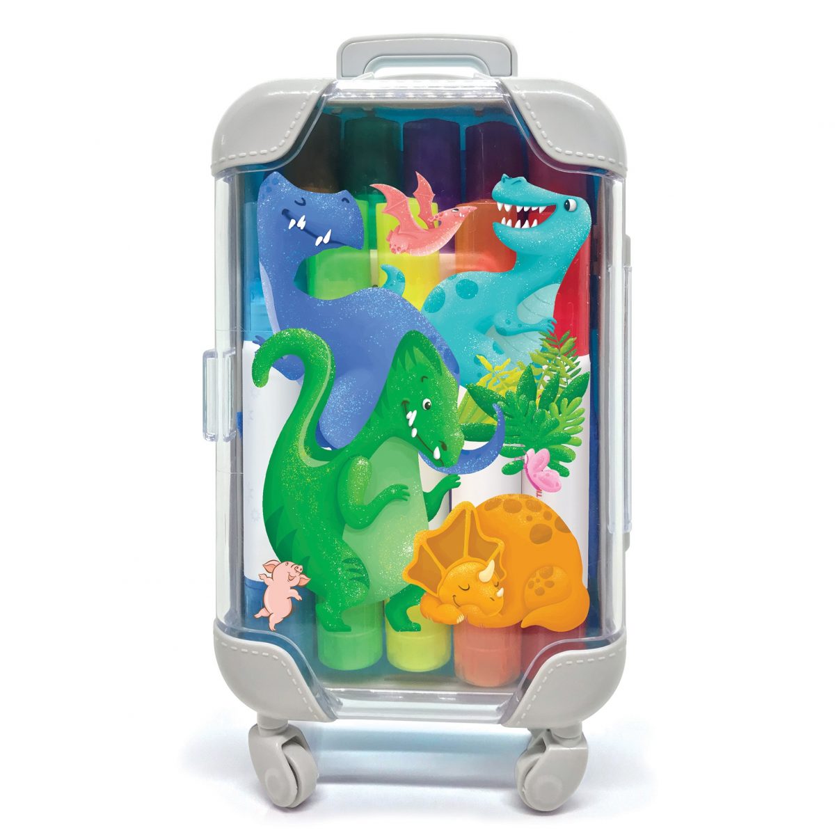 Imagen de mini maleta con rotuladores y sellos de dinosaurios