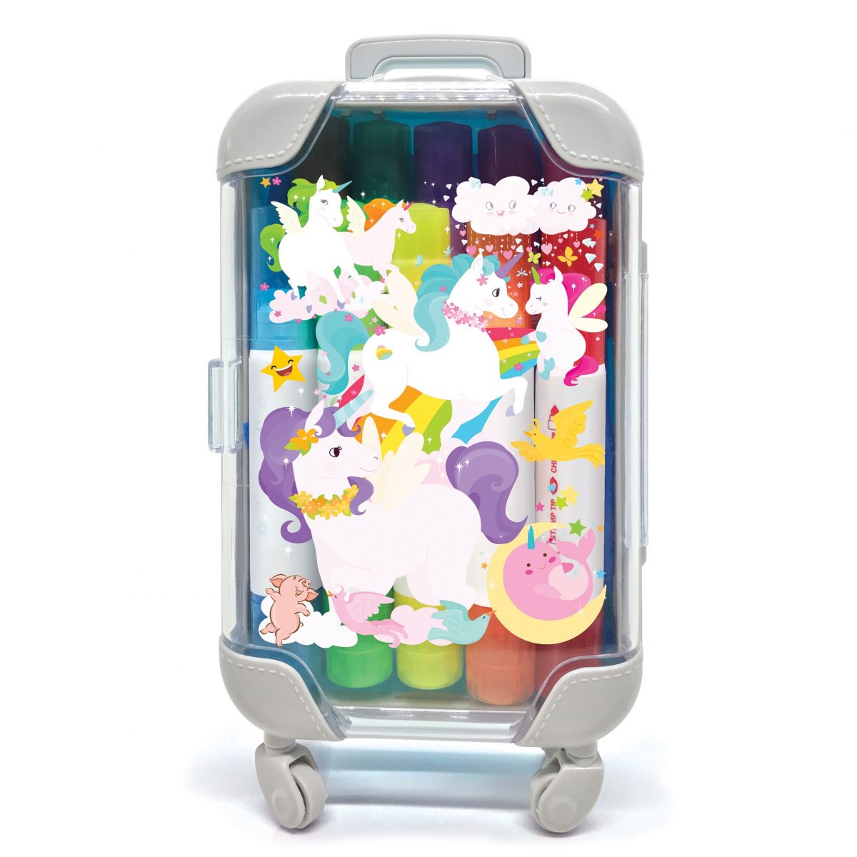 Imagen de mini maleta con rotuladores y sellos de unicornio