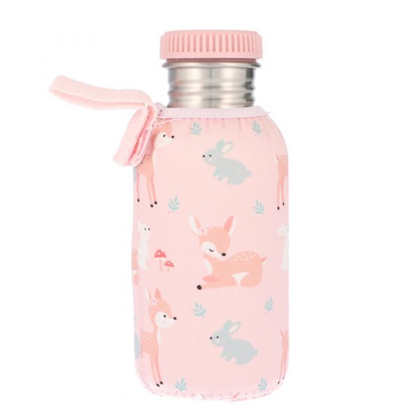 Imagen de botella de acero inoxidable con neopreno rosa de ciervos y conejitos