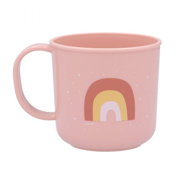 Imagen de taza pequeña rosa con arcoíris