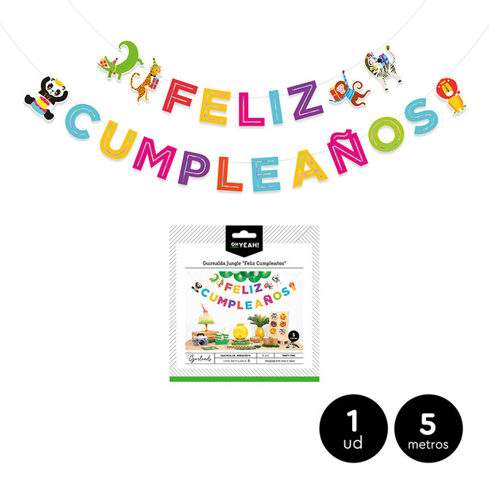 Imagen de guirnalda multicolor con la frase feliz cumpleaños y animalitos
