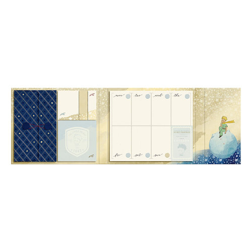 Imagen de planificador semanal con notas del principito azul y dorado interior