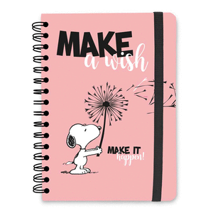 Imagen de cuaderno bullet a5 snoopy con la frase make a wish rosa