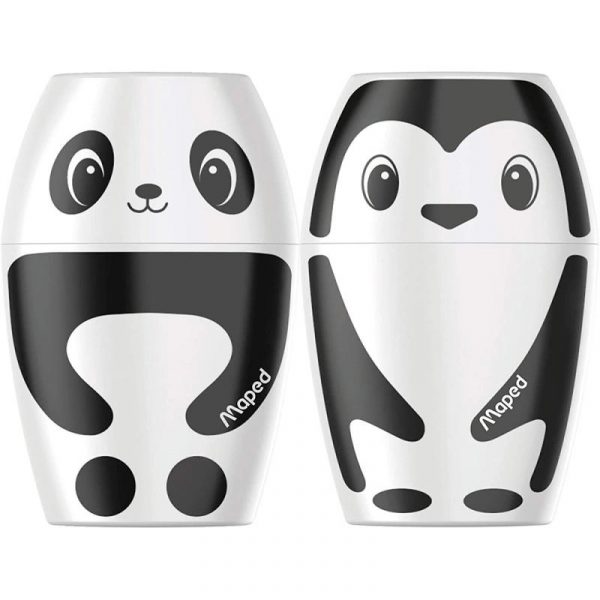 Imagen de sacapuntas con forma de pingüino y panda y depósito