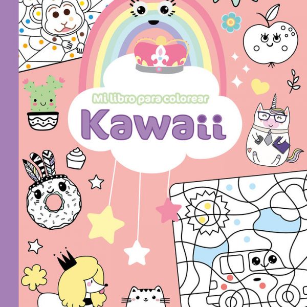 Imagen de libro para colorear kawaii morado y rosa
