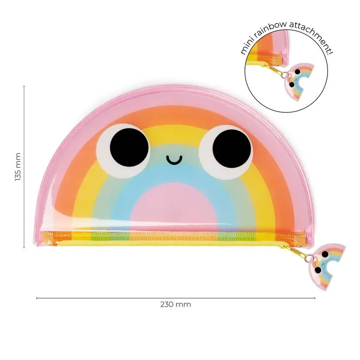 Imagen de estuche con forma de arcoíris y cremallera, de 23 cm de ancho y con un mini arcoíris en la cremallera