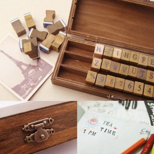 Imagen de cajita con 30 sellos de madera con las letras del alfabeto