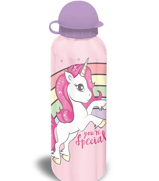 Imagen de botella de aluminio de unicornio morada y rosa con arcoíris