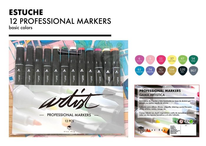 Pack 12 Rotuladores Doble Punta Artist Base Alcohol - Imagen 2